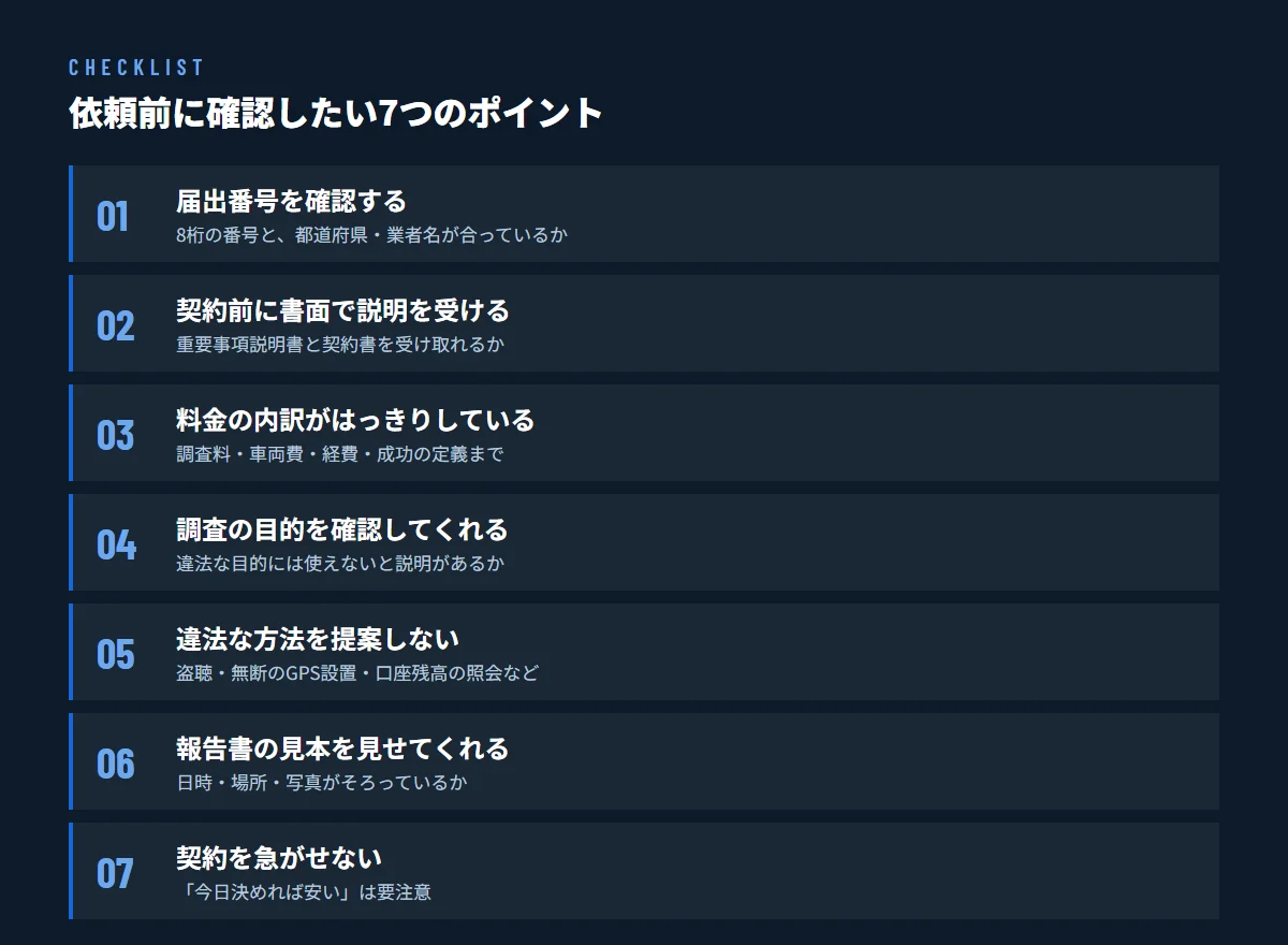 探偵に依頼する前に確認したい7つのポイントのチェックリスト